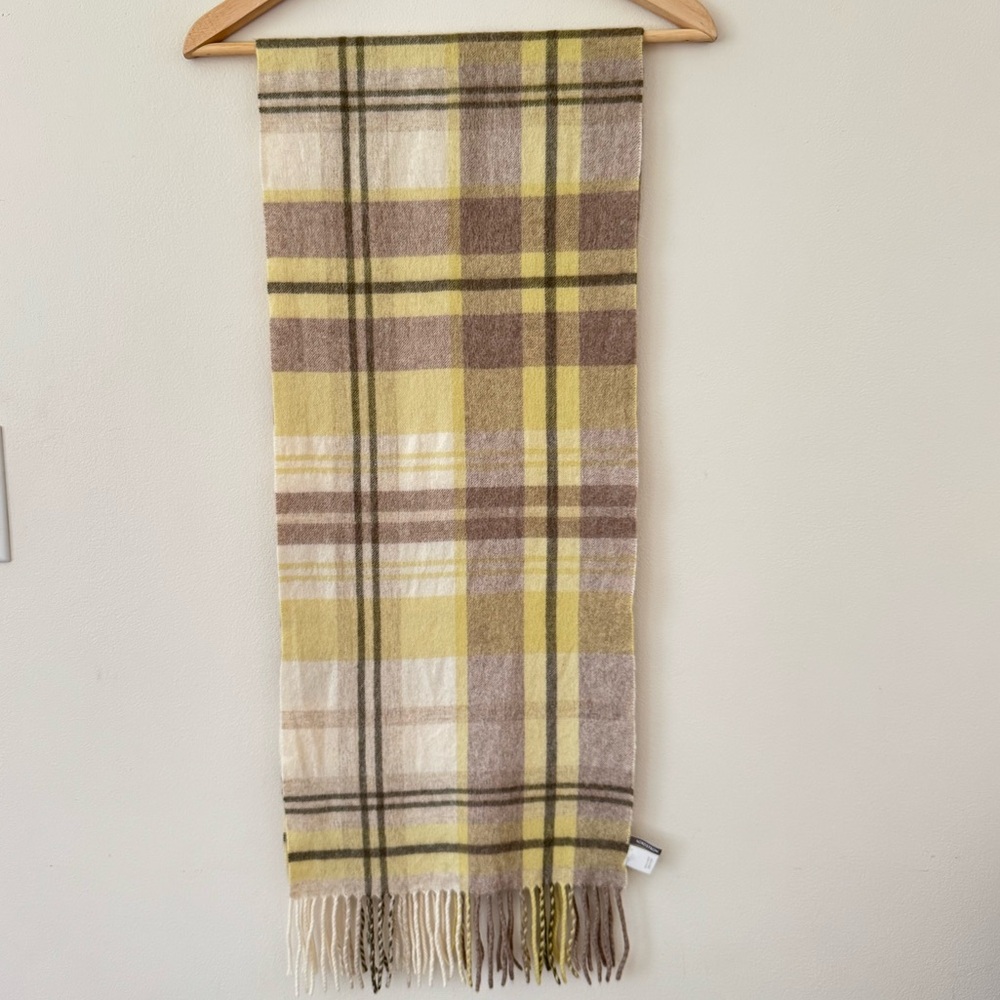 Nordstrom 100% Cashmere Plaid Scarf Yellow Tan Cream Fringe